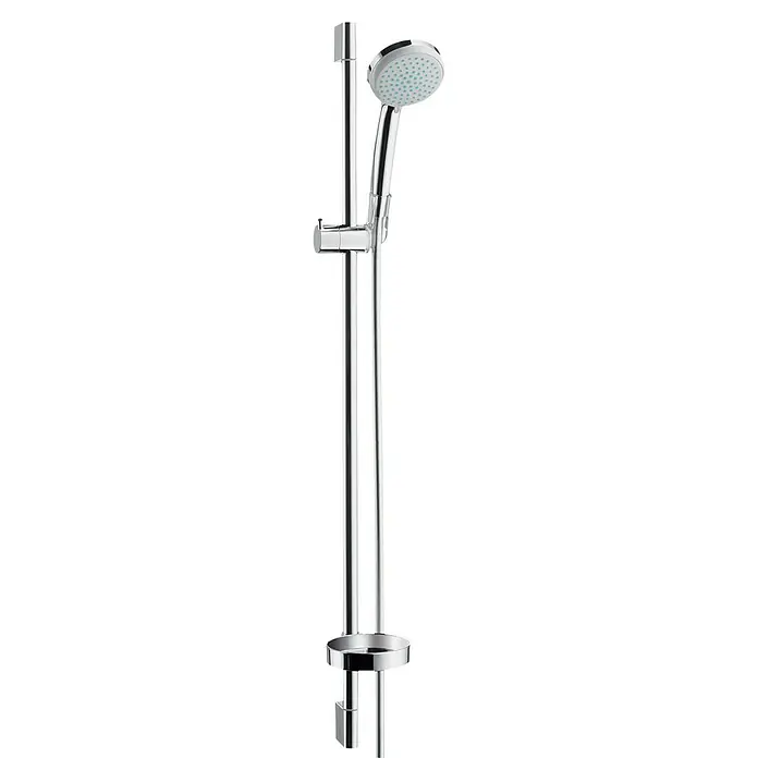 Hansgrohe Croma 100 Brausegarnitur Vario - Lochabstand: 91,5 cm, Art Strahl: Rain, Normalstrahl, Shampoostrahl, Massagestrahl, Chrom, Wassersparfunktion - Duschset mit einer Handbrause, Brausestange und Ablage. Ideal für ein modernes Badezimmerdesign.