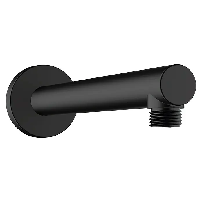 Hansgrohe Vernis Blend Brausearm 240 - Länge: 28 cm, Schwarz - Eine Nahaufnahme eines mattschwarzen Wandarmatur-Auslaufs mit Gewindeanschluss. Modernes Design für Badezimmer oder Küche.