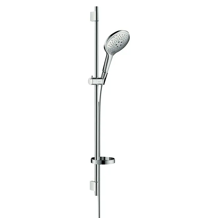 Hansgrohe Raindance Select S Brausegarnitur 150 - Lochabstand: 91,5 cm, Art Strahl: RainAir, CaresseAir, Mix, Chrom, Seifenschale - Nahaufnahme einer modernen, verchromten Handbrause mit Haltestange und Duschgelablage vor schwarzem Hintergrund.
