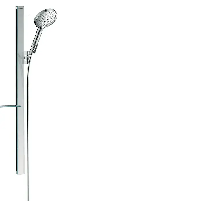 Hansgrohe Raindance Select S Brausegarnitur 120 - Lochabstand: 91,5 cm, Art Strahl: Rain, RainAir, Whirl, Chrom, Ablage - Brausenstangenset mit verstellbarer Kopfbrause und integriertem Glasregal für mehr Komfort beim Duschen. Elegantes Design für moderne Bäder.