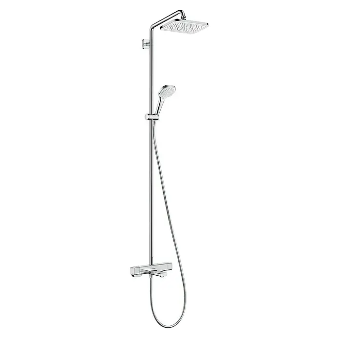 Hansgrohe Croma E Duschsystem 280 - Höhe: 166 cm, Lochabstand: 15 cm, Anzahl Strahlarten: 1 Stk., Chrom - Duschsystem mit Kopf- und Handbrause in Chromoptik. Das schlanke Design passt ideal in moderne Badezimmer und bietet ein tolles Duscherlebnis.