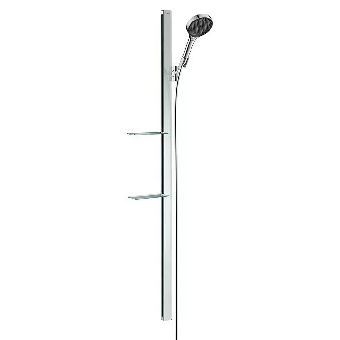 Hansgrohe Rainfinity Brausegarnitur 130 - Lochabstand: 147 cm, Art Strahl: PowderRain, Intense PowderRain, MonoRain, Chrom, Durchflussmenge: 8 l/min - Verchromte Duschstange mit Handbrause und zwei klaren Glasablagen für Badutensilien.