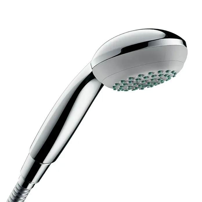 Hansgrohe Crometta 85 Handbrause Mono - Anzahl Funktionen: 1 Stk., Durchmesser: 8,5 cm, Chrom - Verchromter Handbrausekopf mit weißer Brausefläche und grünen Düsen für ein modernes Badezimmerdesign.