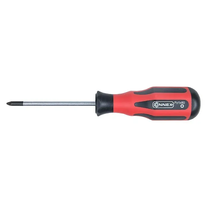 Connex Destornillador COX353011 - PZ 1, Longitud de la hoja: 80 mm - Un destornillador Connex PZ1x80, con mango rojo y detalles negros, diseñado para trabajos de atornillado de precisión.