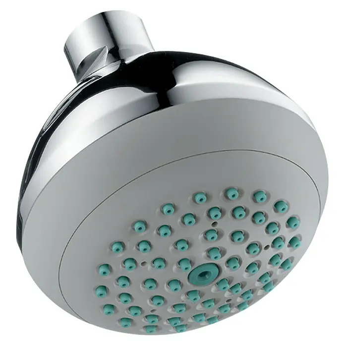 Hansgrohe Crometta 85 Kopfbrause Green - Durchmesser: 8,5 cm, 5,7 l/min, Chrom - Nahaufnahme eines modernen Duschkopfs mit Chromoberfläche und blauen Düsen. Das klare Design sorgt für ein angenehmes Duscherlebnis.