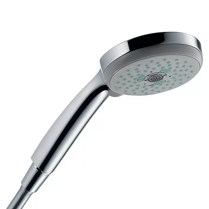 Hansgrohe Croma 100 Teleducha Multi EcoSmart - Número de funciones: 3 ud., Plata - Alcachofa de ducha de mano cromada con placa de pulverización gris y boquillas de color verde claro.