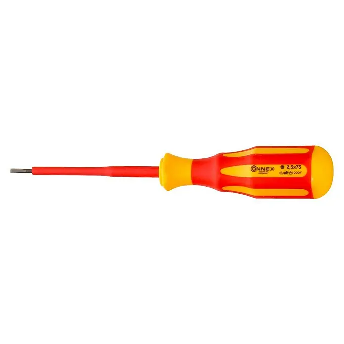 Connex Destornillador para electricista COX336025 - SL 2,5 mm, Longitud de la hoja: 75 mm - Destornillador: Un destornillador aislado de ranura Connex con mango rojo y amarillo, diseñado para trabajos eléctricos seguros.