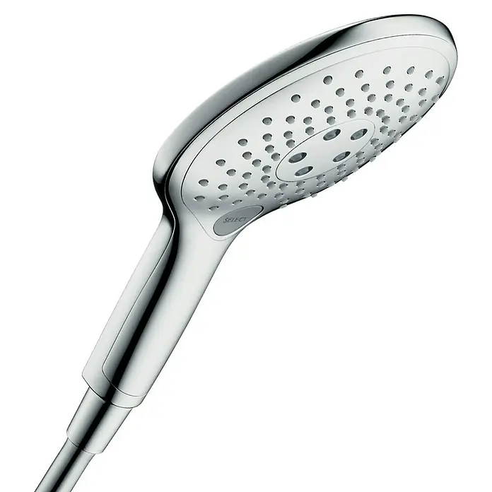 Hansgrohe Raindance Select S Handbrause 150 EcoSmart - Durchmesser: 15 cm, Chrom - Nahaufnahme eines verchromten Hansgrohe Duschkopfes mit verschiedenen Strahlarten für ein luxuriöses Duscherlebnis.