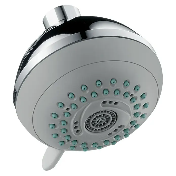 Hansgrohe Crometta 85 Kopfbrause Multi - Durchmesser: 8,5 cm, 15 l/min, Chrom - Nahaufnahme eines verchromten Duschkopfs mit grauer Unterseite und blauen Düsen.