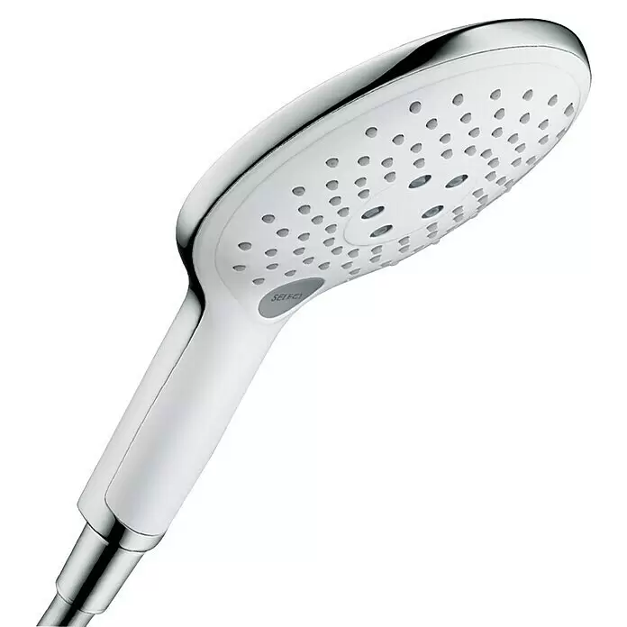 Hansgrohe Raindance Select S Handbrause 150 EcoSmart - Anzahl Funktionen: 3 Stk., Durchmesser: 15 cm, Chrom - Weißer Handbrausekopf mit Chromrand und grauem „SELECT“-Knopf.