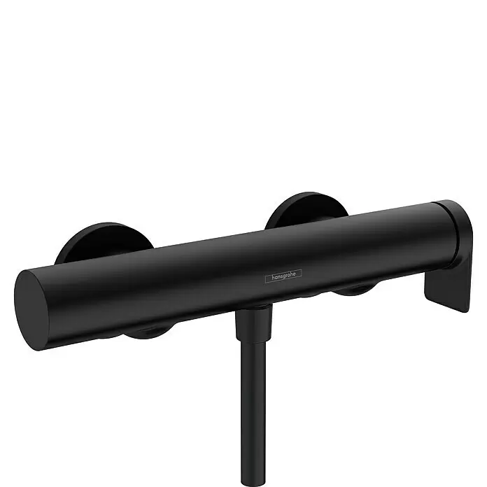 Hansgrohe Brausearmatur Vivenis - Schwarz, Matt - Mattschwarzer zylindrischer Hansgrohe Duschmischer mit einem nach unten gerichteten Rohranschluss.
