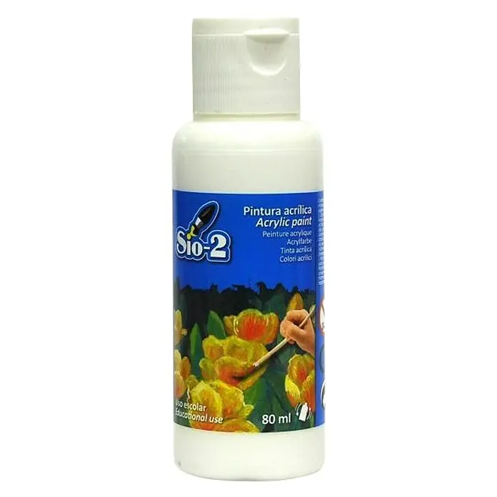 Pintura acrílica Sio-2 - Blanco, 80 ml - Botella de pintura acrílica Sio-2 de 80 ml, ideal para uso escolar y hobby, con descripción del producto en varios idiomas.