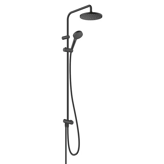Hansgrohe Duschsystem 200 Reno Eco - Mit Thermostatarmatur, Anzahl Strahlarten: 2 Stk., Schwatz - Duschsäule in Mattschwarz mit Kopf- und Handbrause. Die Duschgarnitur mit flexibler Schlauchlösung für ein komfortables Duscherlebnis.
