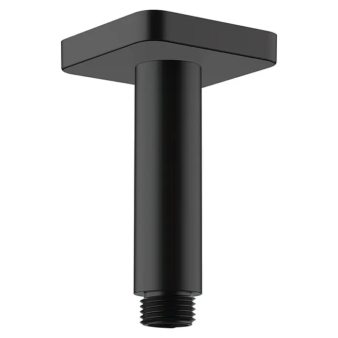 Hansgrohe Vernis Shape Deckenanschluss - Länge: 10 cm, Schwarz - Schwarze Duschkopfhalterung mit quadratischer Deckenplatte und zylindrischem Arm, ideal für moderne Badezimmerdesigns.