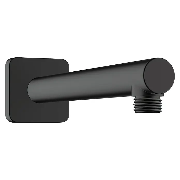 Hansgrohe Vernis Shape Brausearm - Länge: 24 cm, ½″, Eckig, Schwarz - Nahaufnahme einer mattschwarzen Wandauslaufarmatur, die ein modernes Design und Funktionalität für Badezimmerarmaturen zeigt.