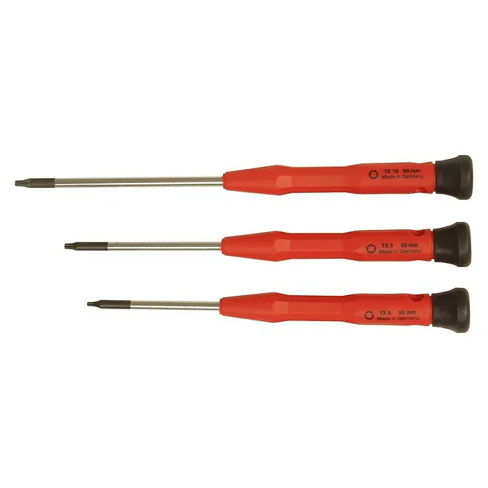 Connex Set de destornilladores de precisión COXT977723 - 3 pzs., Acero - Tres destornilladores Torx rojos en tamaños TX 10, TX 8 y TX 6, fabricados en Alemania, diseñados para tareas de atornillado precisas.