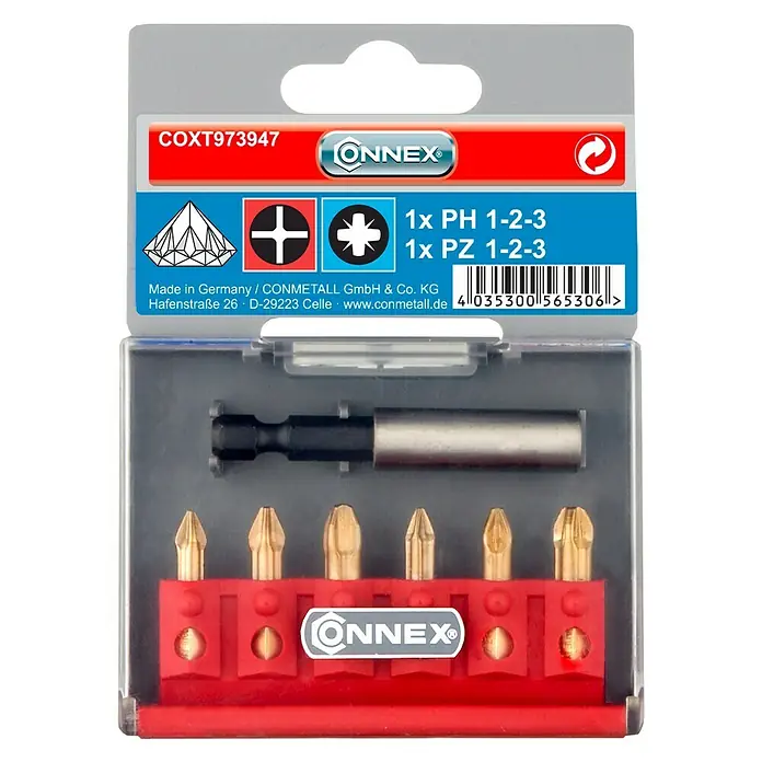 Connex Set de puntas COXT973947 - 7 pzs. - Imagen de un juego de puntas de destornillador ONNEX con varias puntas y un portapuntas, empaquetado en un soporte rojo y un embalaje transparente.