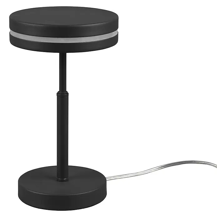 Trio Leuchten LED-Tischleuchte - 6 W, Anthrazit, Warmweiß - Diese Nahaufnahme zeigt eine moderne, schwarze Tischleuchte mit einem runden Sockel und einem zylindrischen Lampenschirm mit einem Lichtband.