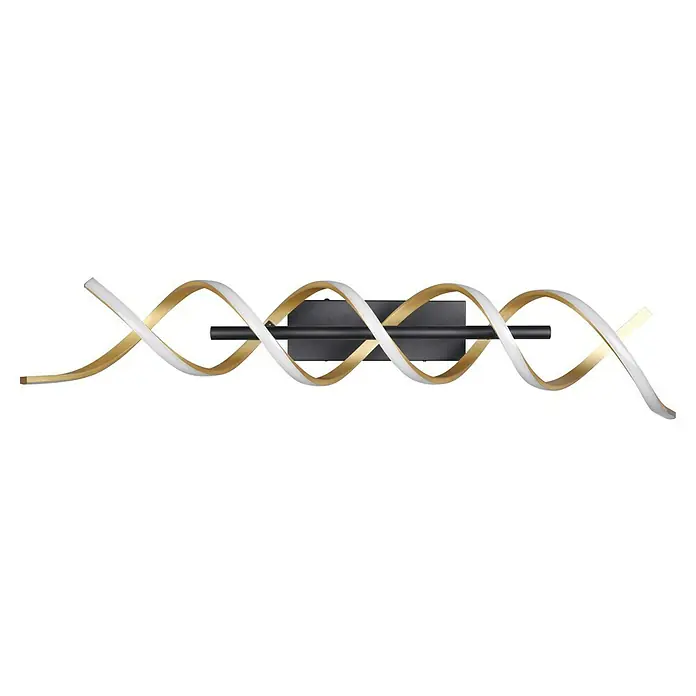 Trio Leuchten Sequence LED-Deckenleuchte - 41 W, L x B x H: 14,5 x 90 x 20,5 cm, Messing matt, Mehrfarbig - Eine moderne LED-Wandleuchte mit einem spiralförmigen Design in Gold und Weiß, montiert auf einer schwarzen Basis.