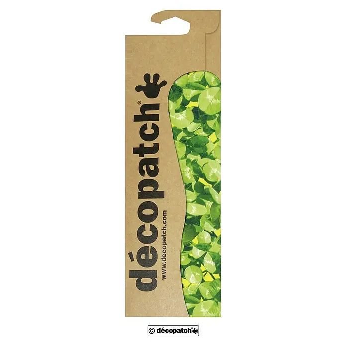 Décopatch Papel decorativo Flero - 3 ud., 40 x 30 cm - Embalaje del producto Décopatch con un patrón de hoja de trébol verde y el logotipo de Décopatch. Perfecto para manualidades y decoración.