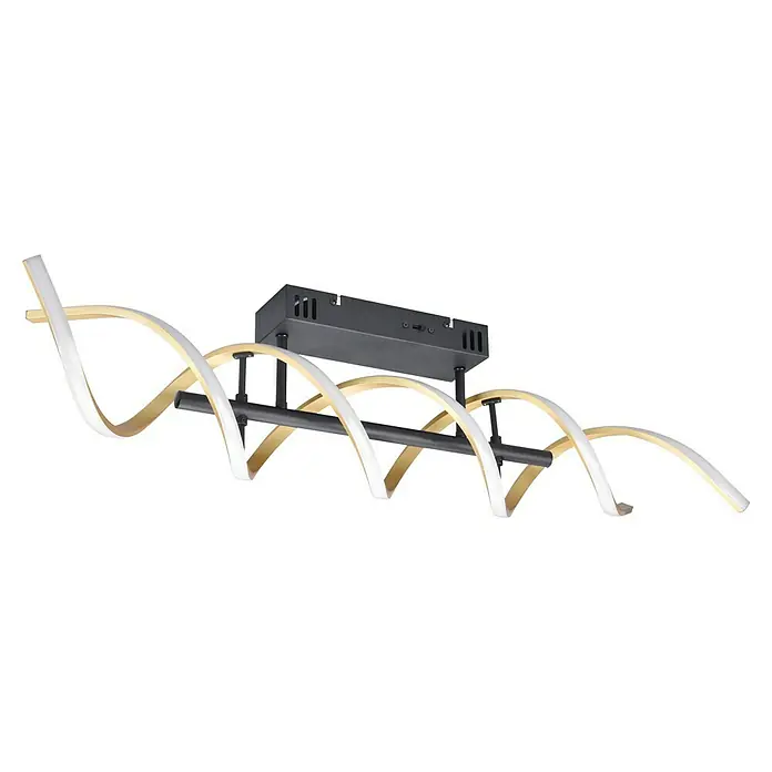 Trio Leuchten Sequence LED-Deckenleuchte - 41 W, L x B x H: 14,5 x 90 x 20,5 cm, Messing matt, Mehrfarbig - Moderne LED-Deckenleuchte mit spiralförmigem Design, goldfarbenen Akzenten und schwarzer Halterung für stilvolle Beleuchtung im Raum.