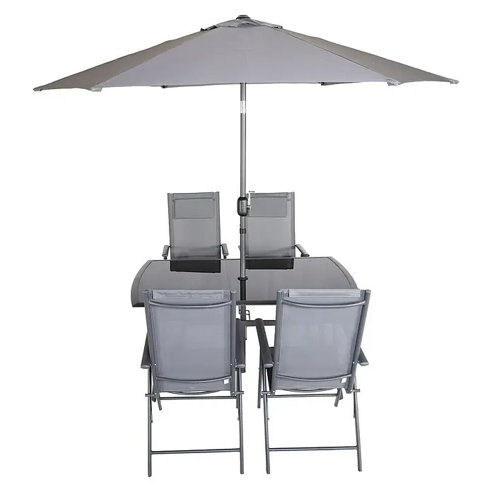 Set de muebles de jardín Donavan - 6 pzs., Antracita, Incluye Parasol - Juego de muebles de patio gris con mesa, sillas y sombrilla para uso en exteriores, ideal para horas de relax en el jardín.