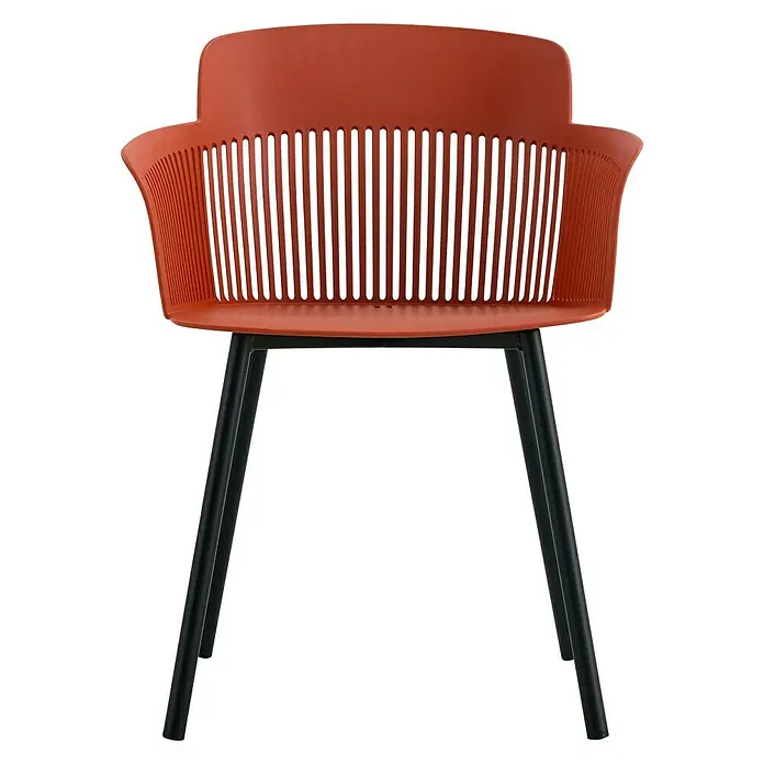 Silla de jardín Beretta - 60 x 51 x 80 cm, Terracota, Polipropileno - La silla color coral con reposabrazos y patas negras es una opción de asiento elegante y moderna para cualquier habitación.