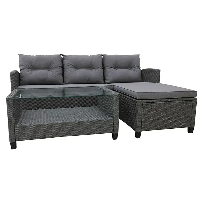 Conjunto de muebles Mora - 3 pzs., Ratán sintético, Gris - Conjunto de salón de exterior gris con tapa de cristal y cómodos cojines para relajarse al aire libre.