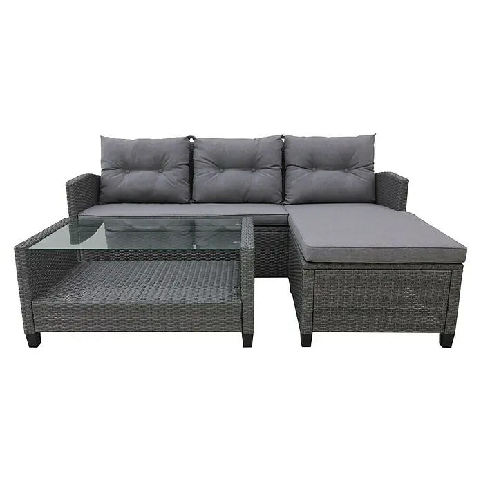 Conjunto de muebles Mora - 3 pzs., Ratán sintético, Gris - Conjunto de muebles de patio de ratán gris con sofá, otomana y mesa de centro. Cómodos asientos acolchados para relajarse al aire libre.