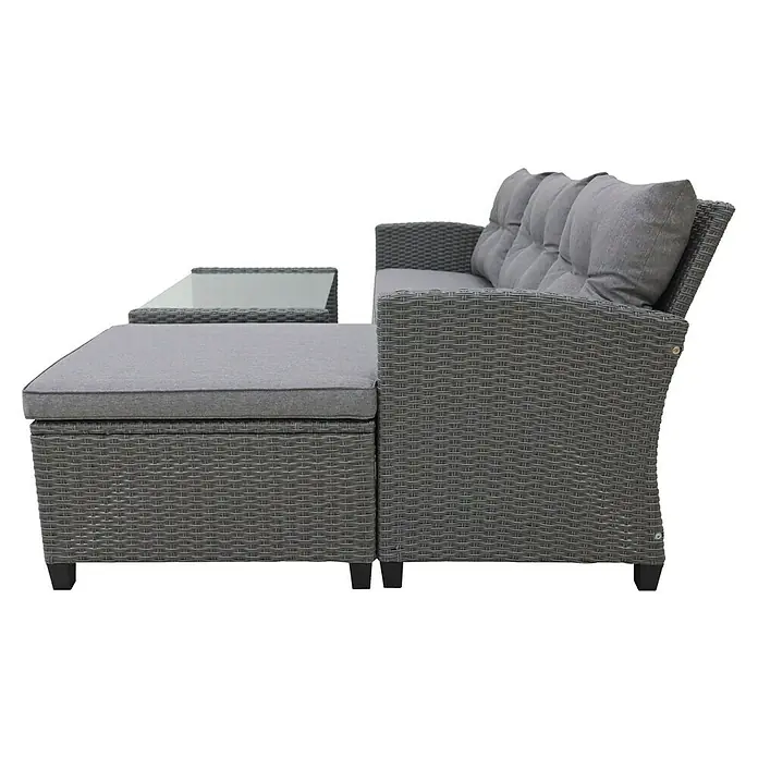 Conjunto de muebles Mora - 3 pzs., Ratán sintético, Gris - Conjunto de lounge gris con cojines generosos y una tapa de vidrio que ofrece relajación al aire libre. El material duradero es ideal para el jardín.