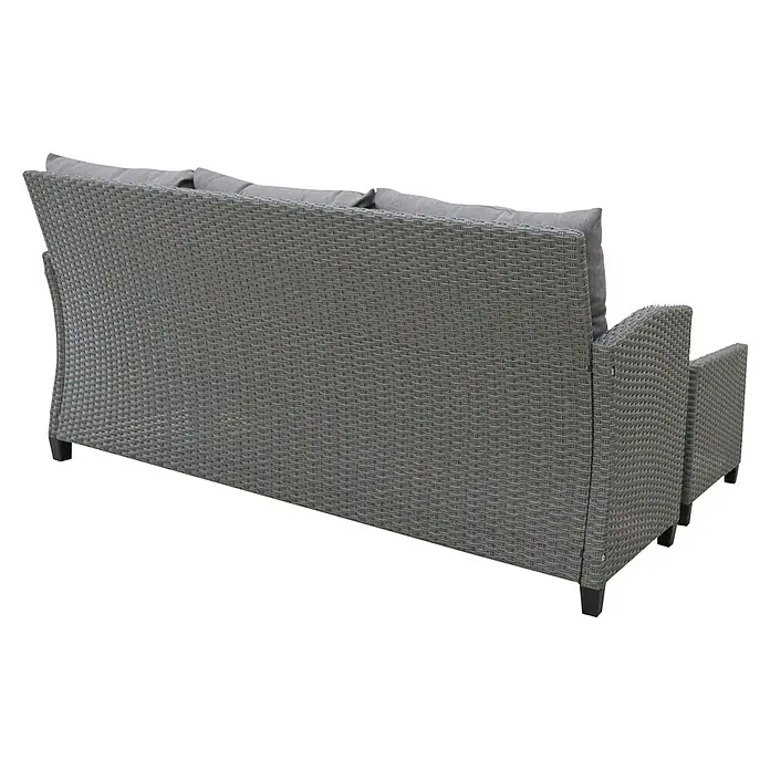 Conjunto de muebles Mora - 3 pzs., Ratán sintético, Gris - Vista trasera de un sofá gris con cojines, perfecto para uso exterior. El diseño de ratán le da al sofá un toque elegante.