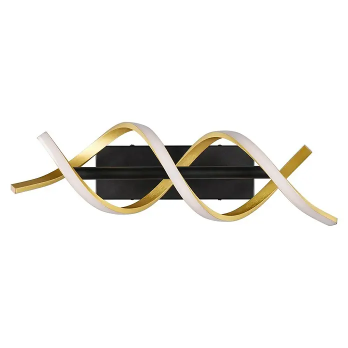 Trio Leuchten Sequence LED-Wandleuchte - 22 W, L x B x H: 20,5 x 13,5 x 47 cm, Messing matt, Mehrfarbig - Moderne Wandleuchte mit geschwungenem, goldfarbenem Akzent und weißem Leuchtband auf schwarzem Hintergrund.