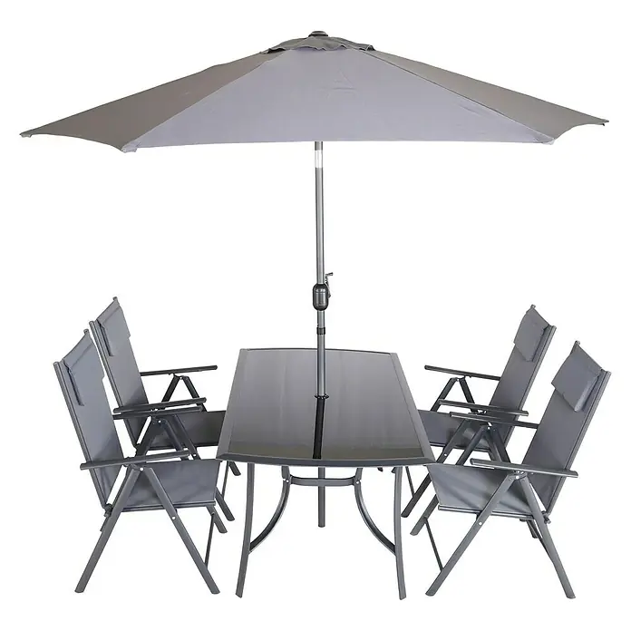 Set de muebles de jardín Donavan - 6 pzs., Antracita, Incluye Parasol - Conjunto de jardín con una mesa, cuatro sillas y una sombrilla en gris para el jardín o la terraza.