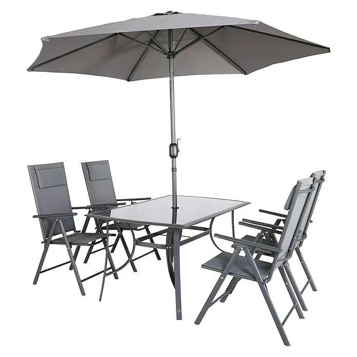 Set de muebles de jardín Donavan - 6 pzs., Antracita, Incluye Parasol - Un conjunto de patio gris con una mesa, cuatro sillas y una sombrilla. Ideal para relajarse al aire libre.