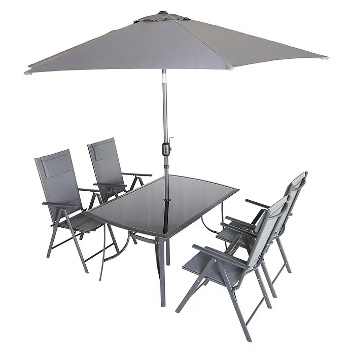 Set de muebles de jardín Donavan - 6 pzs., Antracita, Incluye Parasol - Conjunto de patio gris con mesa, cuatro sillas y sombrilla, perfecto para momentos de relax al aire libre.