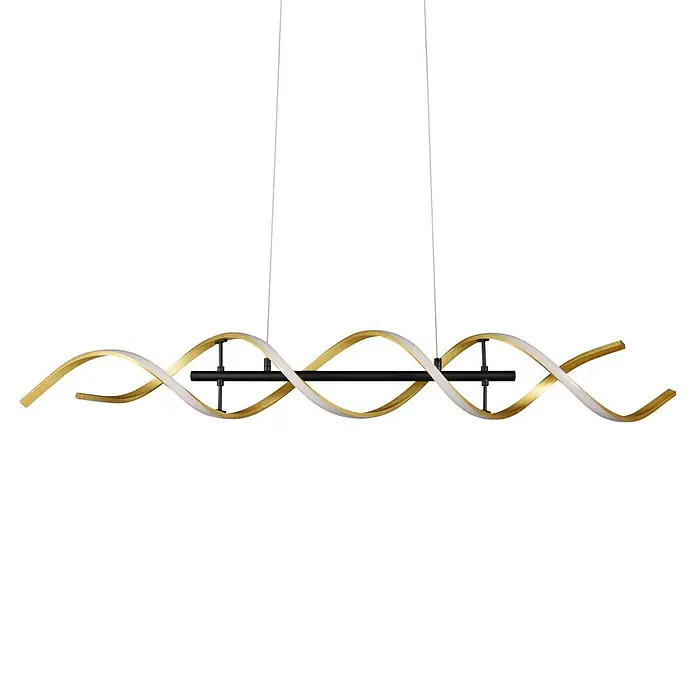 Trio Leuchten Sequence LED-Pendelleuchte - 45 W, L x B x H: 16 x 104,5 x 150 cm, Messing matt, Mehrfarbig - Moderne LED-Pendelleuchte mit gewundenen Gold- und Weißakzenten, hängt an zwei Kabeln vor einem schwarzen Hintergrund.
