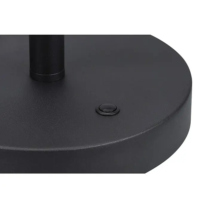 Trio Leuchten Sequence LED-Tischleuchte - 20 W, Aluminium gebürstet/Schwarz, Mehrfarbig - Detailansicht des schwarzen Lampenfußes mit einem kleinen, runden Knopf. Die Oberfläche ist matt und leicht strukturiert.