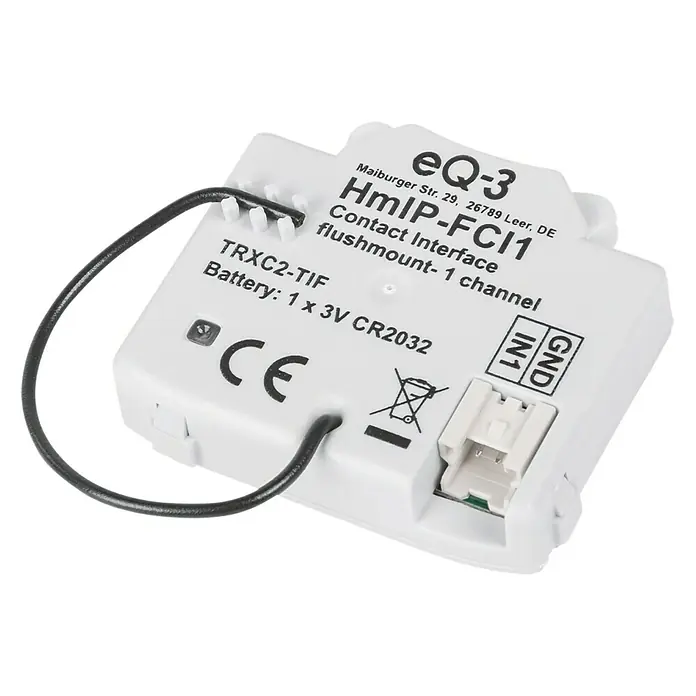 Homematic IP Adapter Kontakt-Schnittstelle HmIP-FCI1 - Batteriebetrieben, Unterputz - Nahaufnahme eines HmIP-FC11 Kontakt-Interface-Geräts von eQ-3 mit CE-Kennzeichnung, das für die Aufputzmontage geeignet ist.