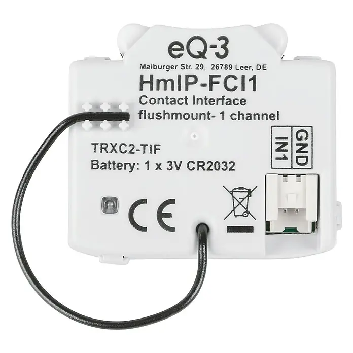 Homematic IP Adapter Kontakt-Schnittstelle HmIP-FCI1 - Batteriebetrieben, Unterputz - Nahaufnahme des eq-3 HmIP-FCI1 Kontakt-Interface für Unterputzmontage, das eine Batterie und Anschlüsse zeigt.