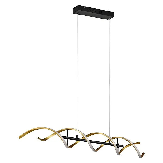 Trio Leuchten Sequence LED-Pendelleuchte - 45 W, L x B x H: 16 x 104,5 x 150 cm, Messing matt, Mehrfarbig - Elegante LED-Hängeleuchte mit geschwungenem Design in Gold und Weiß, ideal für moderne Essbereiche und Wohnzimmer, die eine stilvolle Beleuchtungslösung suchen.