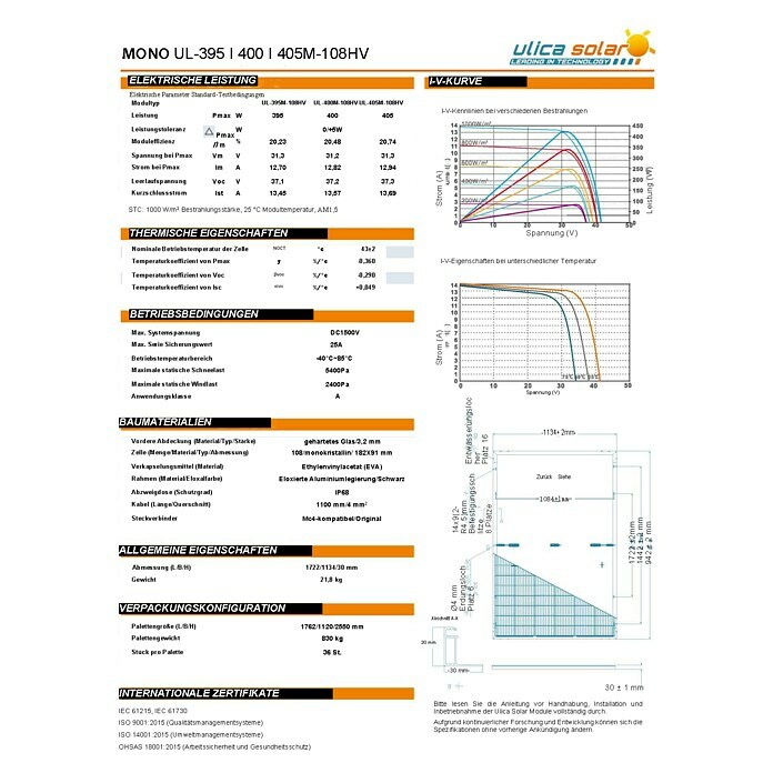 Ulica Solarmodul 36 Stück UL-395M-108HV FB (Nennleistung: 14.220 W, L X ...