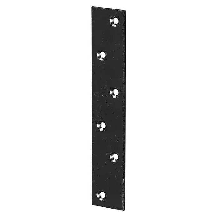 Vormann Verbindungsblech - L x B: 170 x 30 mm - Eine schwarze, flache Verbindungsplatte mit sechs Löchern, die zur Befestigung von Bauteilen verwendet wird, im Detail.