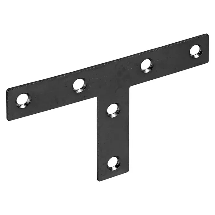 Vormann Stuhlwinkel - L x B: 70 x 36 mm, Schwarz, Stahl - Bild einer schwarzen T-Platte mit Löchern, einem vielseitigen und stabilen Verbindungselement für verschiedene Konstruktionsanwendungen.