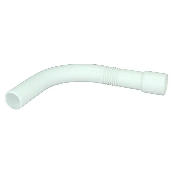 WC-Spülrohrbogen - Weiß, Länge: 280 mm - Weißer, gebogener Kunststoff-Siphon mit flexibler Verbindung und zwei offenen Enden. Ideal für Sanitärinstallationen.