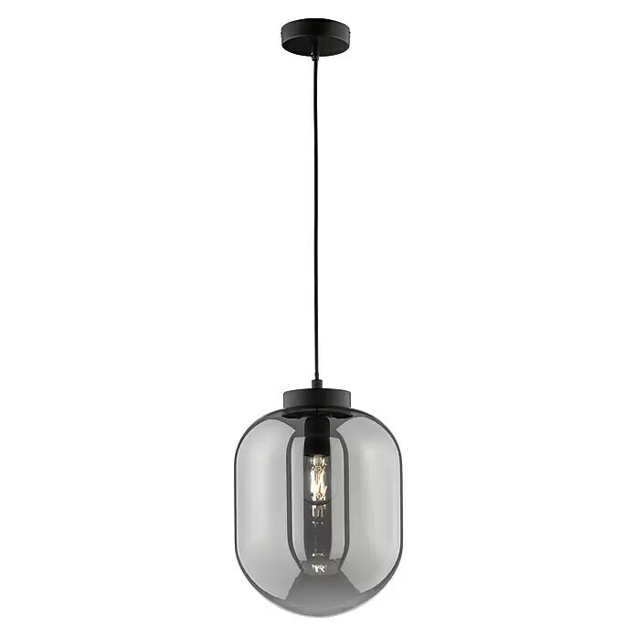 Fischer & Honsel Pendelleuchte - 40 W, L x B x H: 110 x 28 x 28 cm, E27 - Eine moderne Pendelleuchte mit schwarzer Deckenrosette, Kabel und rauchgrauem Glasschirm mit Glühbirne.