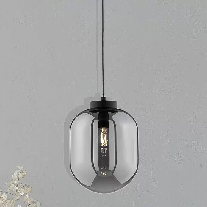 Fischer & Honsel Pendelleuchte - 40 W, L x B x H: 110 x 28 x 28 cm, E27 - Gerauchte Glas-Pendelleuchte mit sichtbarer Glühbirne an schwarzem Kabel.