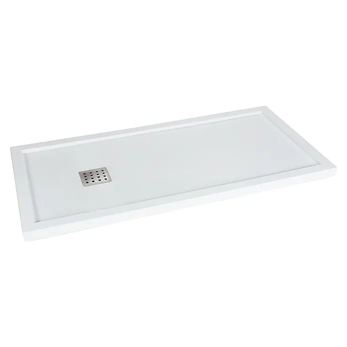 Plato de ducha Terra con marco - L x An: 70 x 120 cm, Blanco - Imagen de un plato de ducha rectangular blanco con un desagüe cuadrado en el centro, presentado sobre un fondo negro.