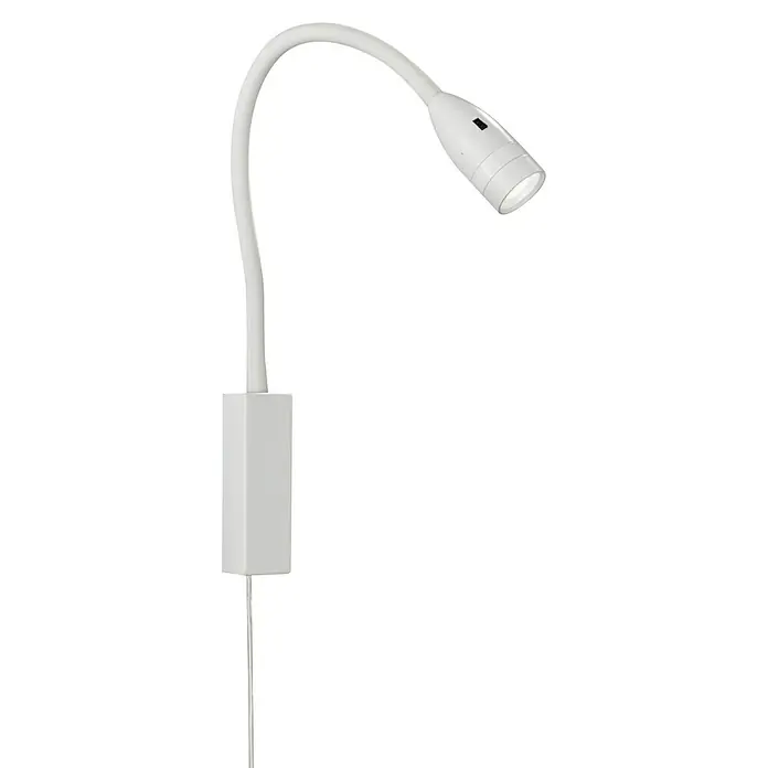 Fischer & Honsel LED-Wandstrahler Sten - 5 W, L x B x H: 40 x 35 x 11 cm, weiß matt, Warmweiß - Eine Nahaufnahme einer weißen, flexiblen LED-Wandleuchte mit Kabel und Schalter, die auf einem schwarzen Hintergrund präsentiert wird.