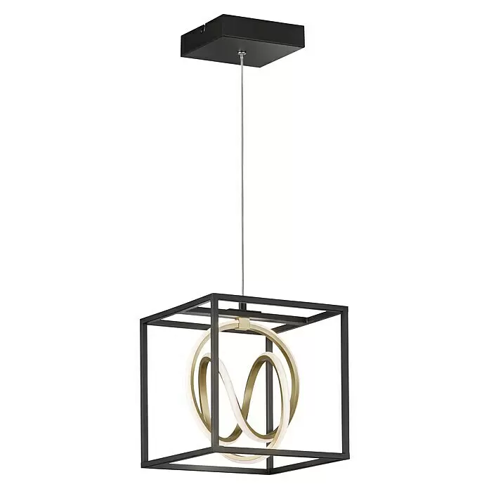 Fischer & Honsel LED-Pendelleuchte - 15 W, L x B x H: 61 x 35 x 4 cm, Mehrfarbig - Moderne schwarze quadratische Pendelleuchte mit verschlungenen gold-weißen Leuchtringen.
