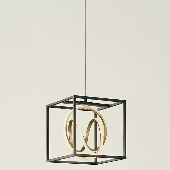 Fischer & Honsel LED-Pendelleuchte - 15 W, L x B x H: 61 x 35 x 4 cm, Mehrfarbig - Moderne Pendelleuchte mit dunklem quadratischem Metallrahmen und goldfarbenem, verschlungenem LED-Lichtelement.